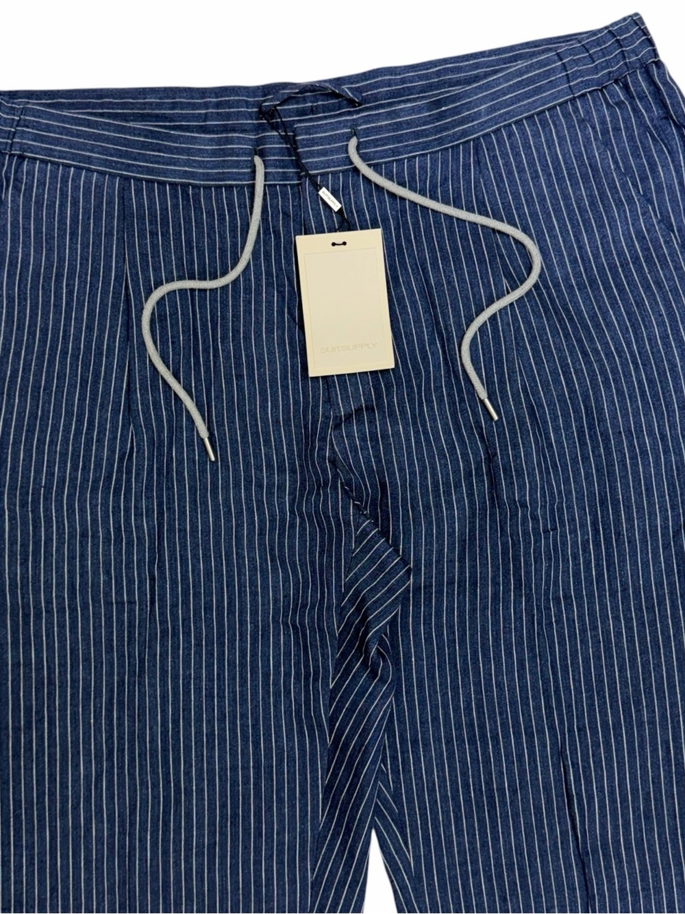 SuitSupply Pants Men 38x38 Blue Stripe Ames Pleated Linen Trouser Drawstring NEW